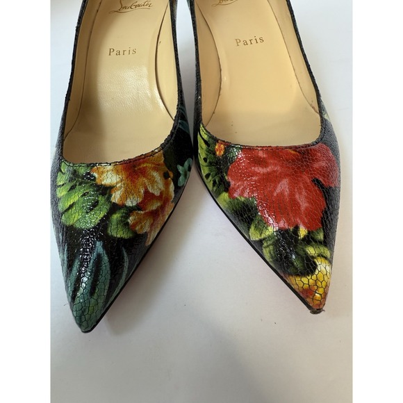 Christian Louboutin Pigalle Follies 55 Calf Hawaii Tropical Floral Heels SZ 38.5 - Picture 3 of 9